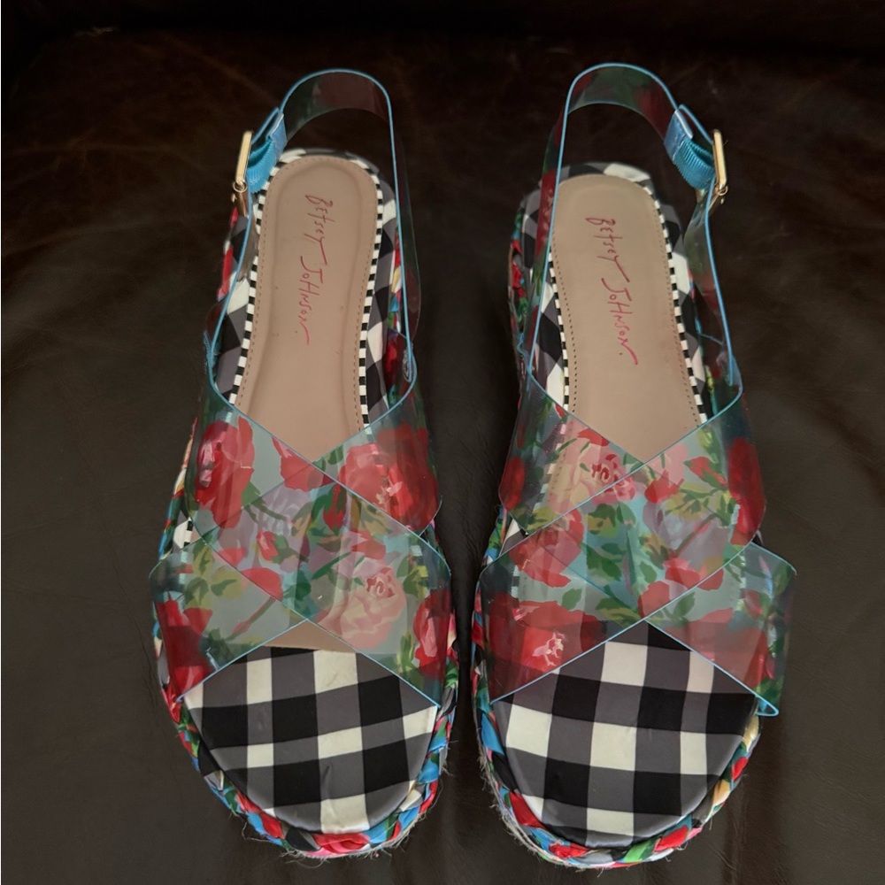 Betsey Johnson Red Floral Check Espadrilles